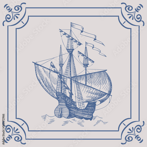 Old caravel. Ship on the Blue Dutch tile. Imitation. Frigate, vintage sailboat, Sailing vessel , glazed porcelain ceramic.
