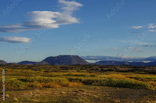 Moss covered lava field and volcano mount near lake Myvatn summer landscape, Iceland