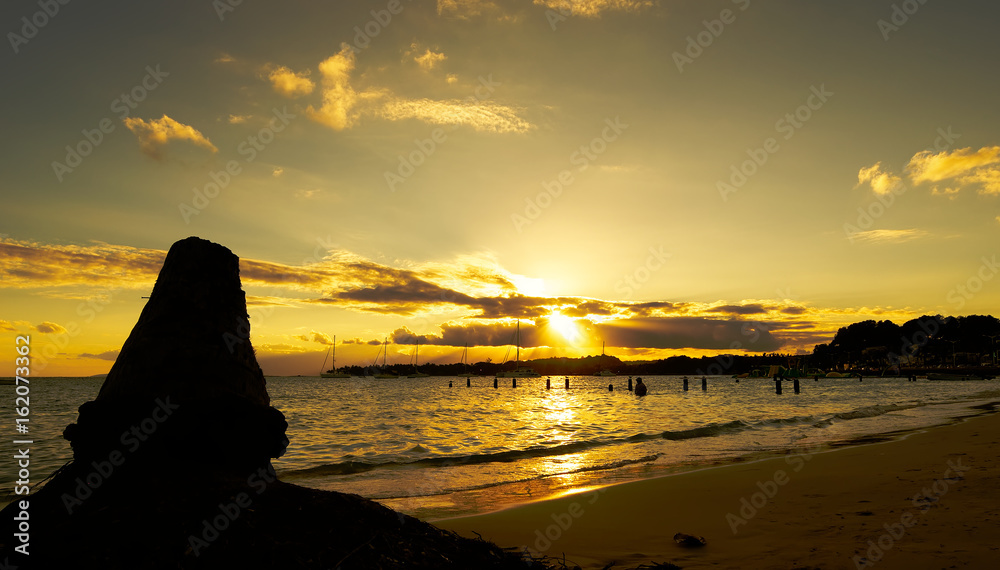 Sunset in tropical beach of Sainte Anne - Caribbean Sea - Guadeloupe tropical island