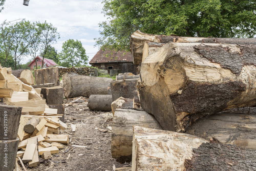 Logs of wood in a sawmill in the Maramures region Logs of wood in a sawmill in the Maramures region
