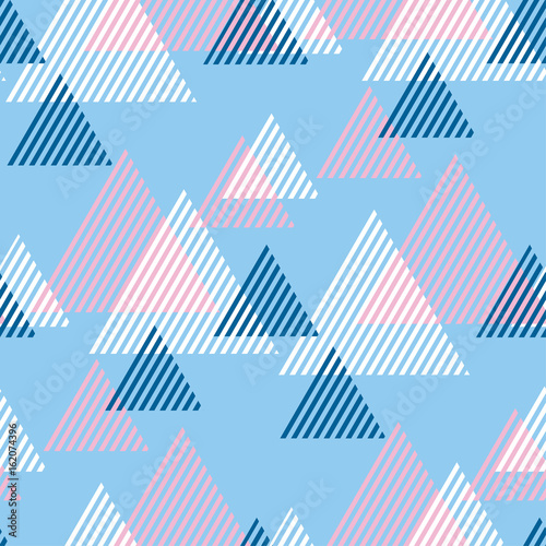 Winter color modern style vector illustration for surface design. Abstract seamless pattern with striped triangle motif.