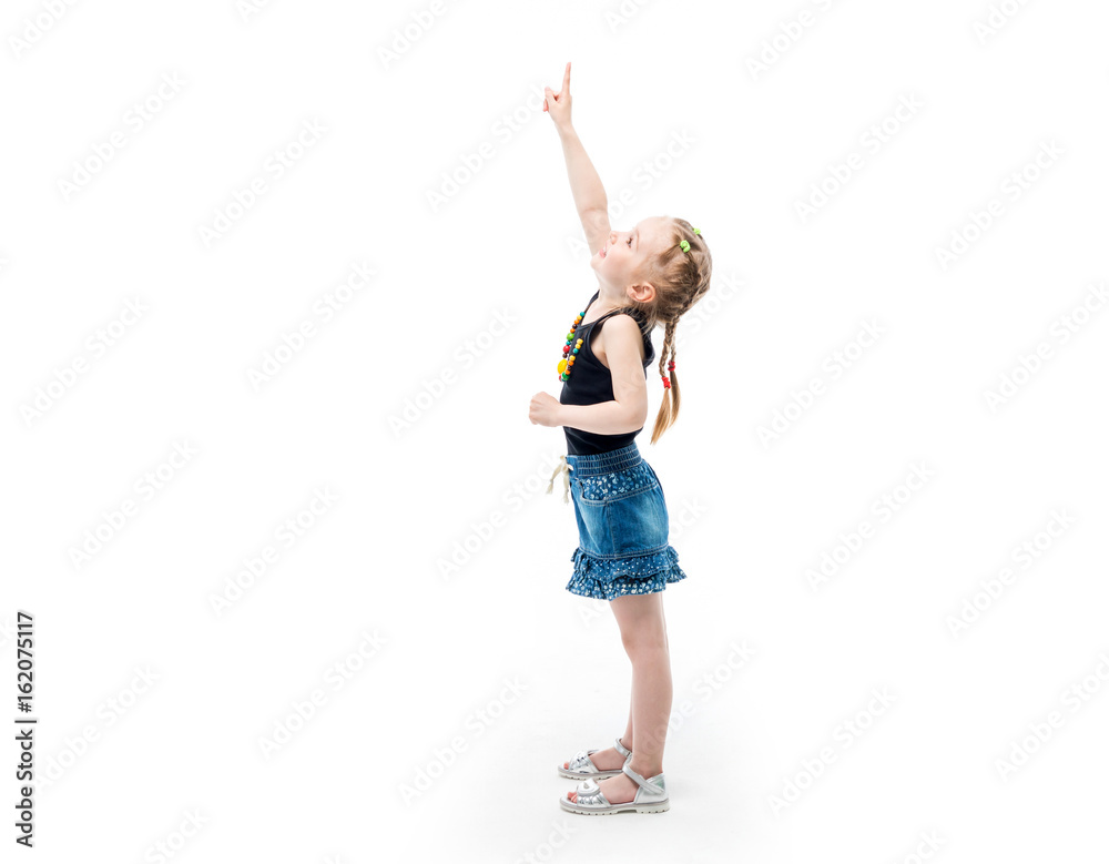 Small kid pointing upward with her finger Small kid pointing upward with her finger