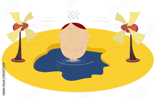 Broiling weather and man. Man trying to escape from the heat in the water and using a fan

