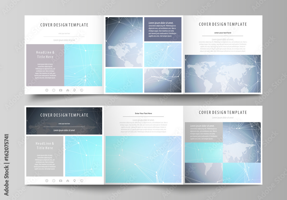 The abstract minimalistic vector illustration of the editable layout. Two creative covers design templates for square brochure. Polygonal texture. Global connections, futuristic geometric concept. The abstract minimalistic vector illustration of the editable layout. Two creative covers design templates for square brochure. Polygonal texture. Global connections, futuristic geometric concept.
