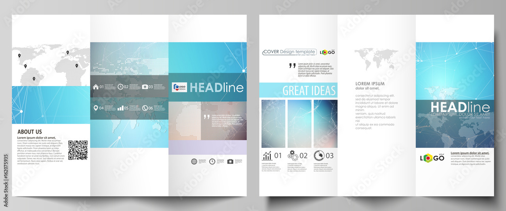 The minimalistic abstract vector illustration of editable layout of two creative tri-fold brochure covers design business templates. Molecule structure. Science, technology concept. Polygonal design.