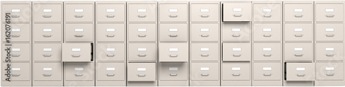 Filing cabinets and open drawers. 3d illustration