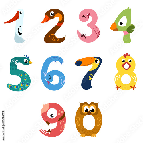 Numbers like birds   Solid fill illustration   