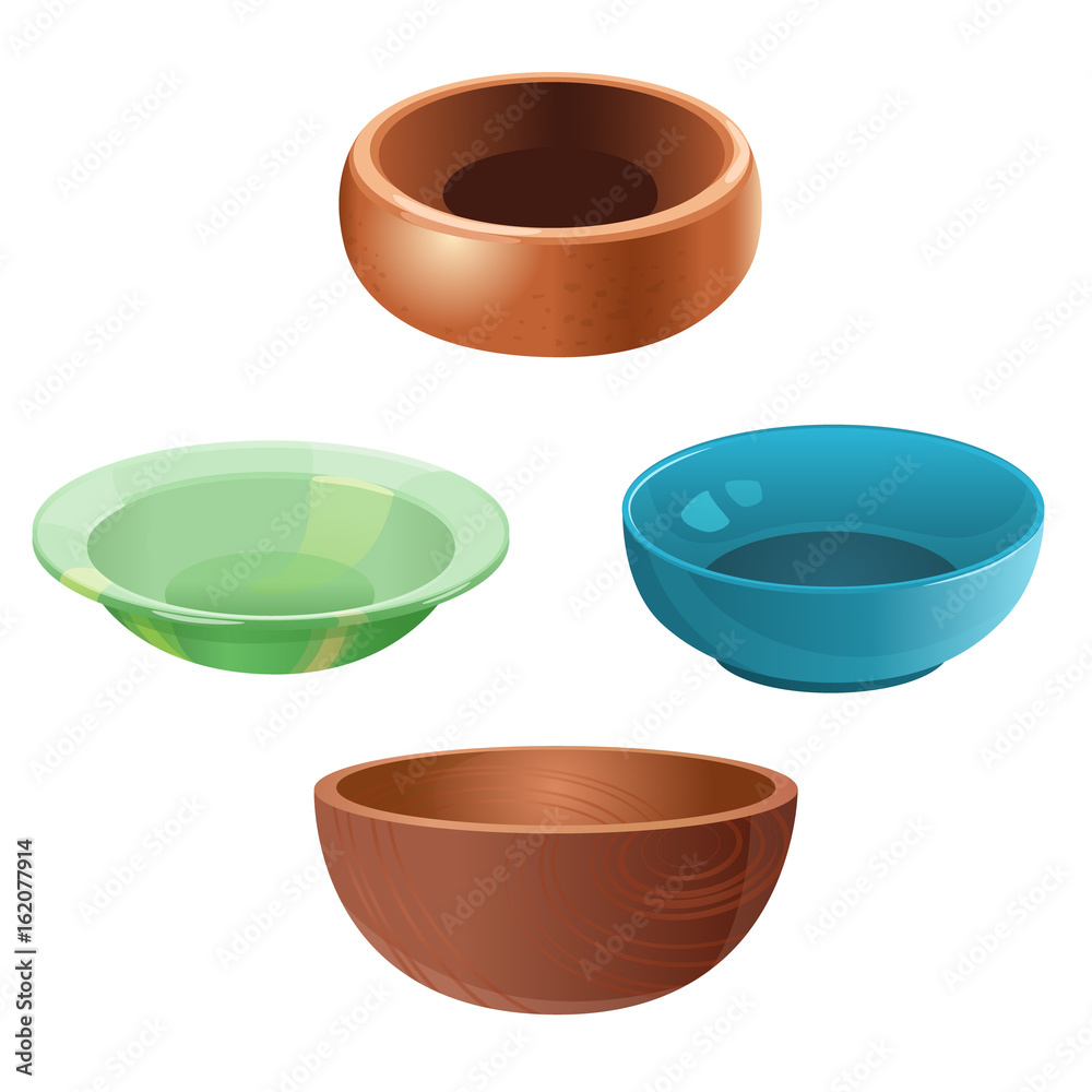 Four bowls in the white background / There are four bowl made of a different substance
Four bowls in the white background / There are four bowl made of a different substance