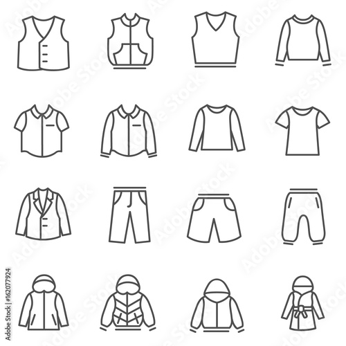 Types of clothes for boys and teenagers as line icons / There are all season casual clothes for boys and teenagers
