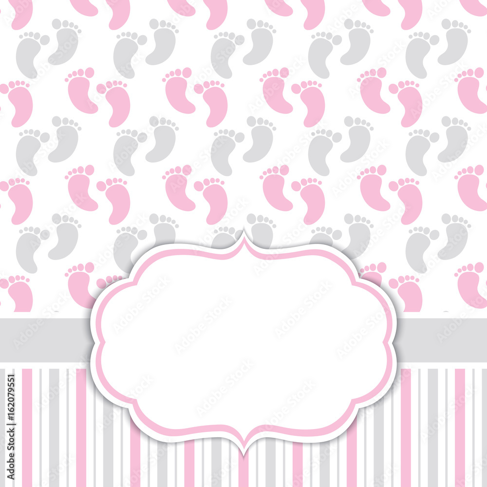 Card Template with Baby Girl Footprints. Baby Girl Shower Vector Illustration.