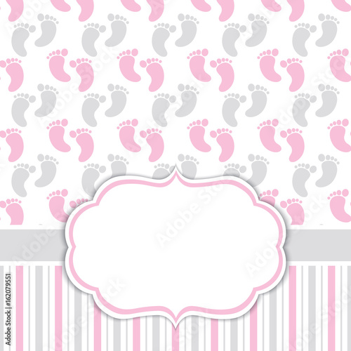 Card Template with Baby Girl Footprints. Baby Girl Shower Vector Illustration.