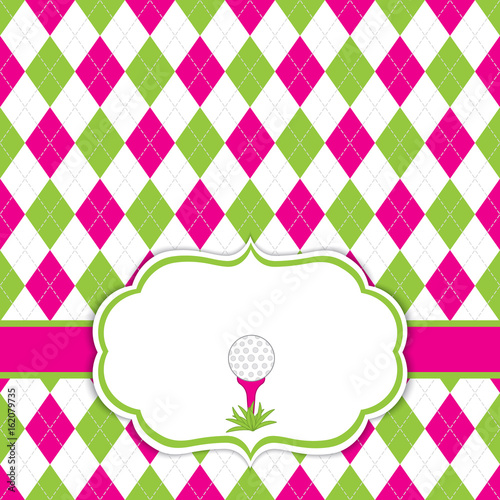 Vector Card Template with Golf Ball on Tee. Argyle Background. Golf Vector Illustration.