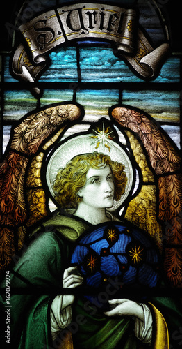 Fényképezés Archangel Uriel in stained glass