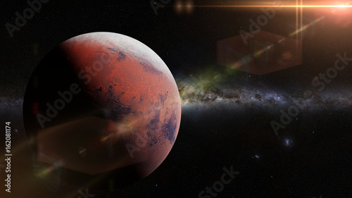 Fototapeta Naklejka Na Ścianę i Meble -  planet Mars during the Martian winter in front of the Milky Way galaxy and the sun