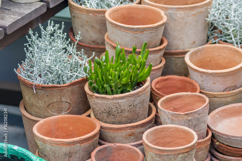 Fotografie plenty of clay flower pots - empty and with plants on wooden shelf