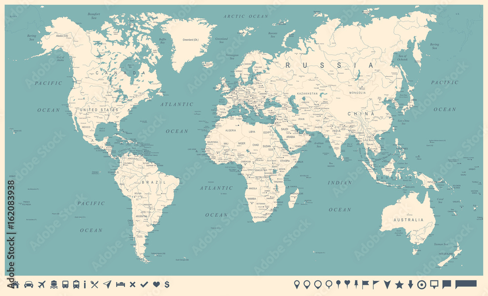 Obraz premium Mapa świata Vintage i znaczniki - ilustracja wektorowa