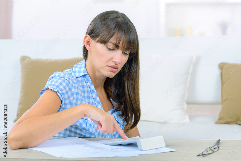 beautiful brunette woman doing accounting at home