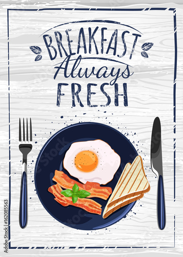 poster with plates of fried and scrambled eggs on white background