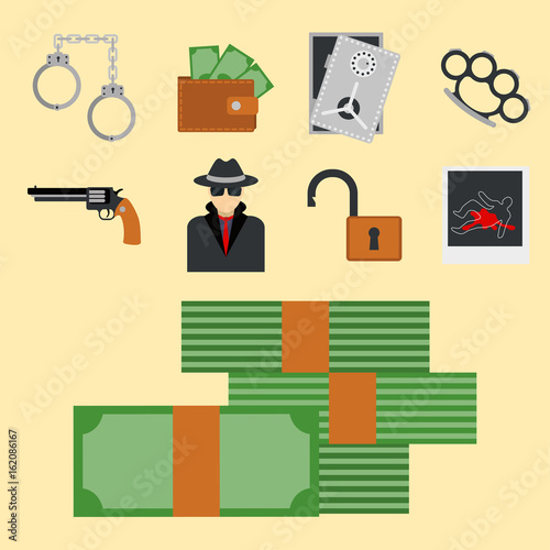 Crime icons protection law justice sign security police gun offence felony transgression flat vector illustration