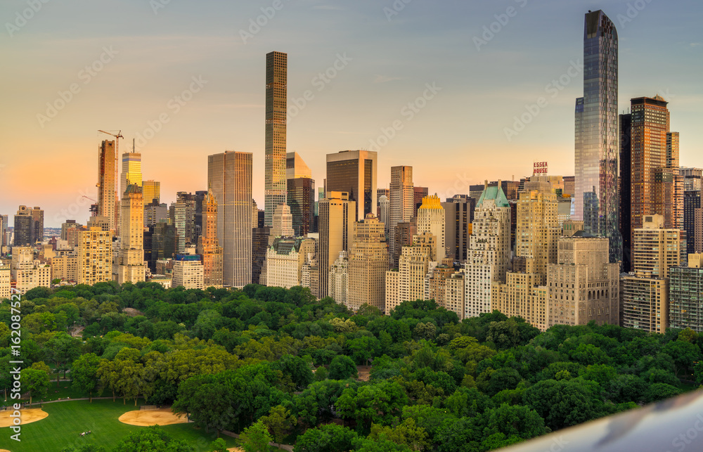 View of Central Park South with New York City skyline in the background