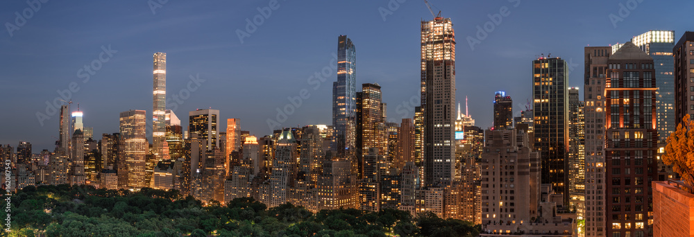 Night Scene of Central Park South Skyline with illuminated buildings