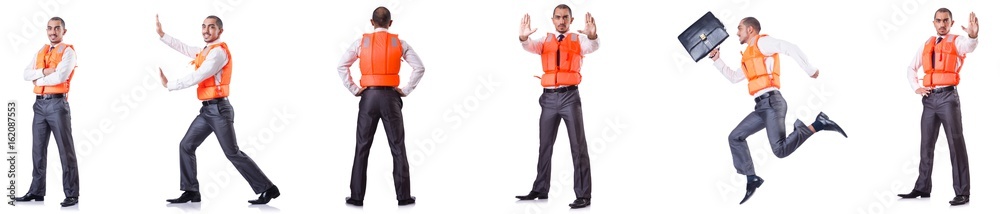 Man in life jacket isolated on white Man in life jacket isolated on white