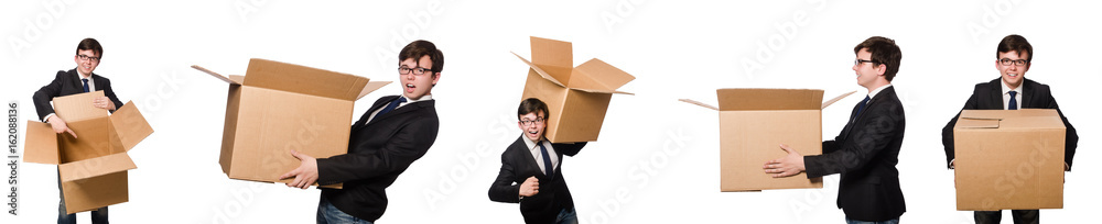 Funny man with boxes isolated on white Funny man with boxes isolated on white