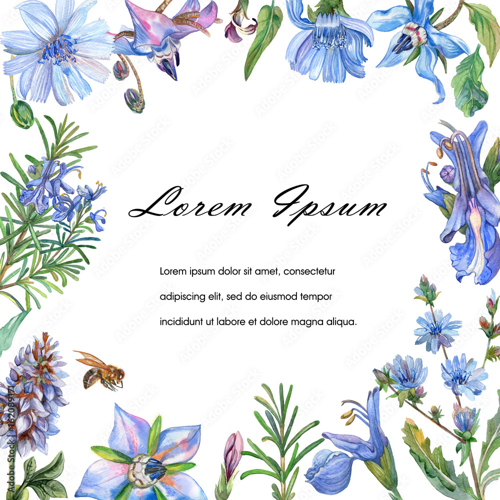 Greeting or invitation card with blue flowers. Watercolor illustration ...