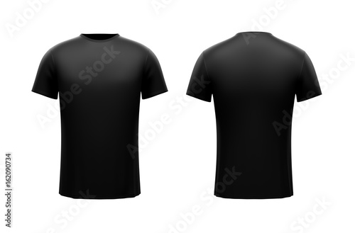 Black male t-shirt on white background. Both sides