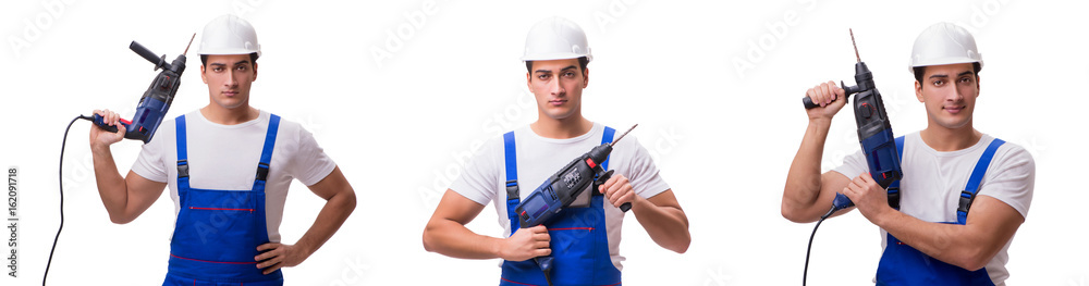 Man with drill isolated on the white Man with drill isolated on the white