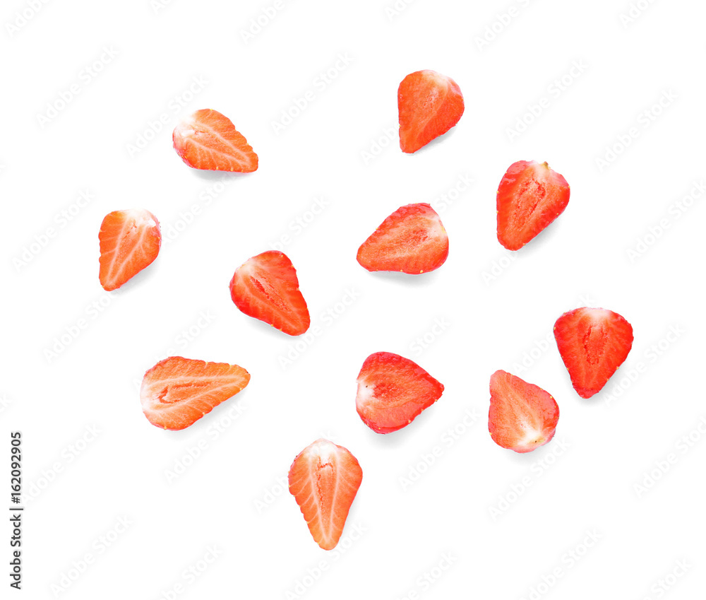Halves of tasty red strawberries on white background Halves of tasty red strawberries on white background