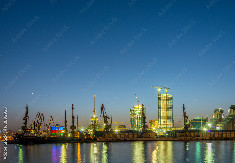 Night view of sea port in Baku Azerbaijan