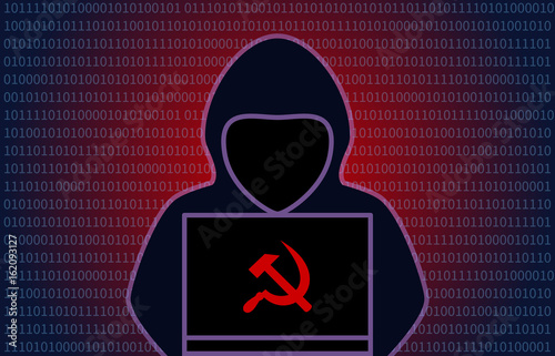 Mysterious hooded Russian hacker with hammer and sickle flat vector editorial illustration