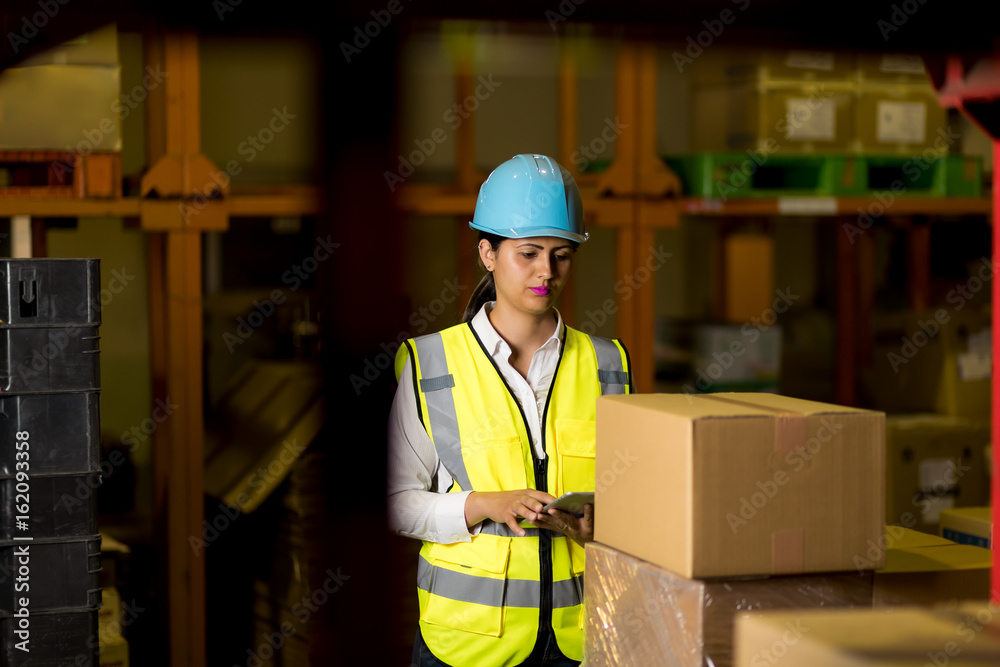 female warehouse worker checking delivering boxes. distribution center. logistics concept. female warehouse worker checking delivering boxes. distribution center. logistics concept.