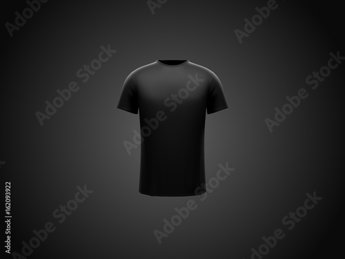 Black male t-shirt on dark black background. Front side