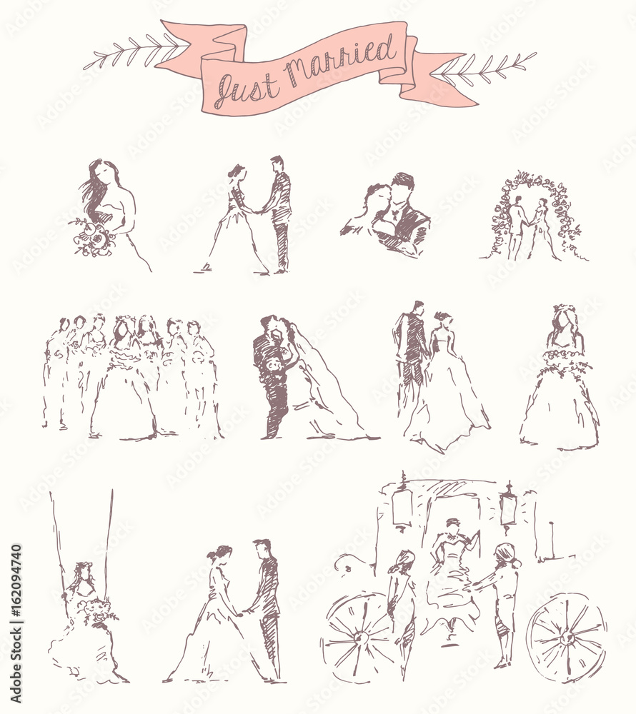 Drawn set bride groom decoration invitation vector Drawn set bride groom decoration invitation vector