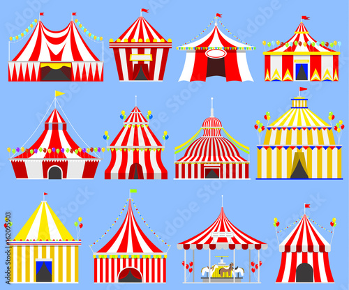 Circus show entertainment tent marquee marquee outdoor festival with stripes and flags isolated carnival signs