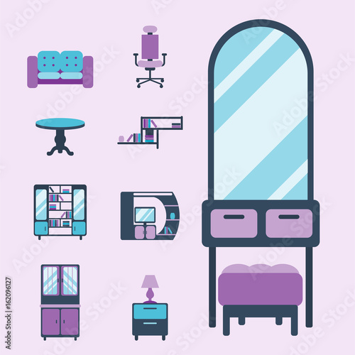 Furniture interior icons home design modern living room house comfortable apartment vector illustration