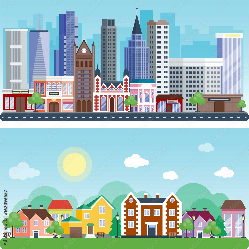 City outdoor day landscape house street buildings outdoor disign vector illustration modern flat background