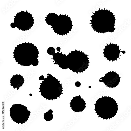 Vector set of black ink blots, drops and brush strokes, isolated on the white background. Series of elements for design.