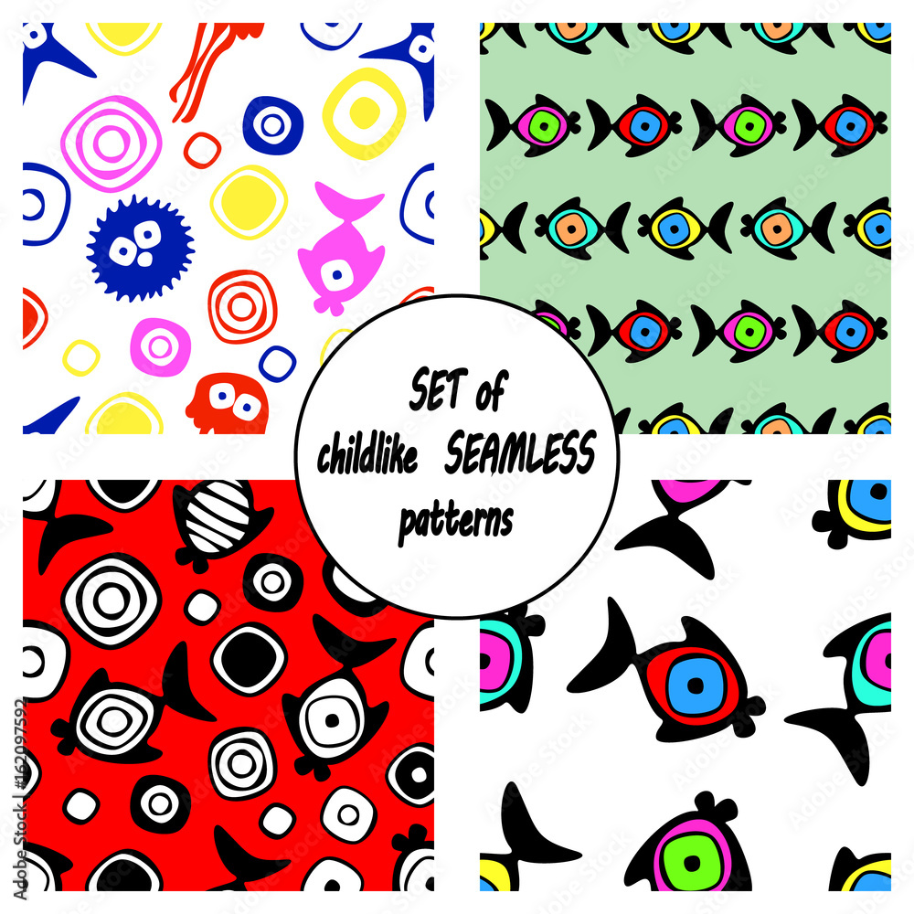 Fototapeta premium Set of vector seamless decorative pattern with hand drawn fish, starfish, octopus. Cute childlike backgrounds. Template for wrapping, fabric, cover. Series of hand drawn decorative seamless patterns.