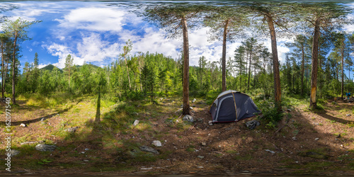 Spherical panorama 360 degrees 180 tent on camping in the forest