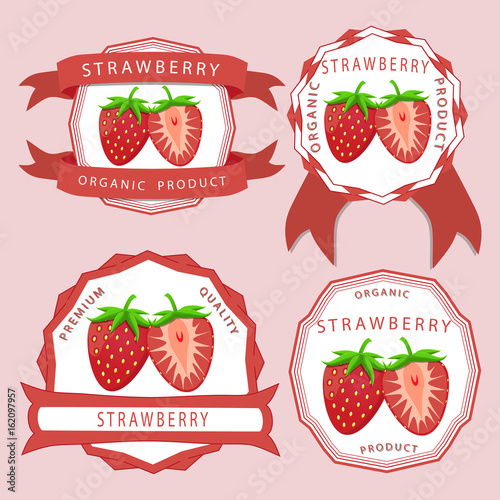 Abstract vector illustration logo whole ripe berry red strawberry, green stem leaf, cut sliced.