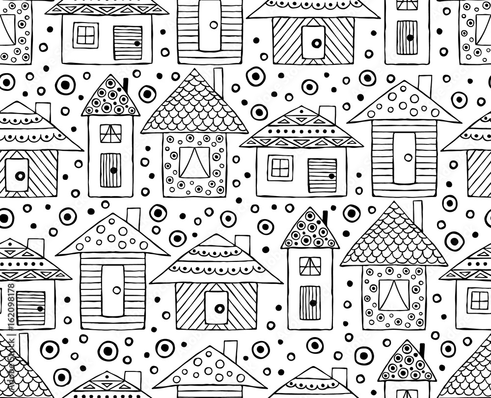 Vector hand drawn seamless pattern, decorative stylized black and white childish houses. Doodle sketch style, graphic illustration, background. Ornamental cute hand drawing. Line drawing.