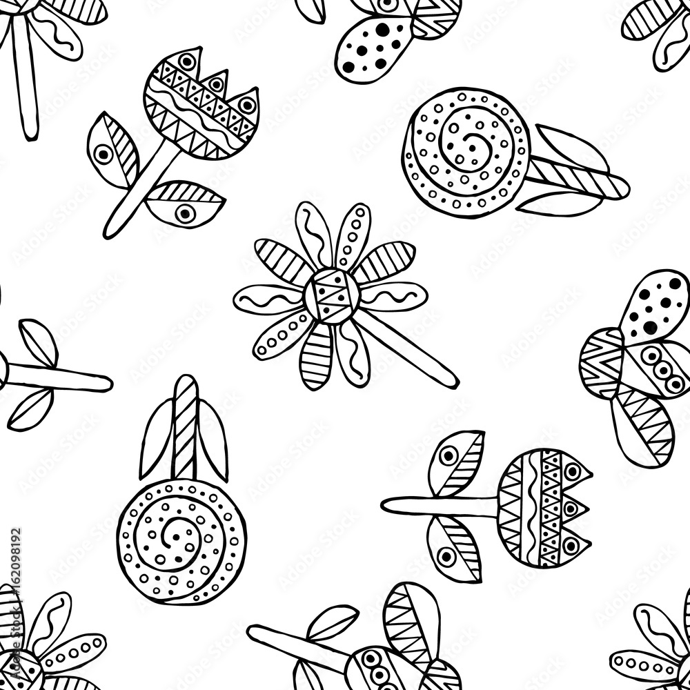 Fototapeta premium Vector hand drawn seamless pattern, decorative stylized black and white childish flowers. Doodle sketch style, graphic illustration, background. Ornamental cute hand drawing. Line drawing.