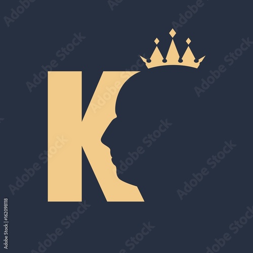 King logo. Royal luxury emblem. Face and crown icon. Business fantasy golden badge with K letter