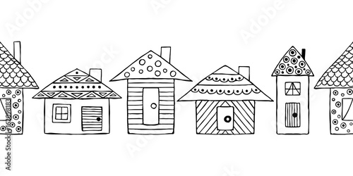Vector hand drawn seamless pattern, decorative stylized black and white childish houses. Doodle sketch style, graphic illustration, background. Ornamental cute hand drawing. Line drawing.
