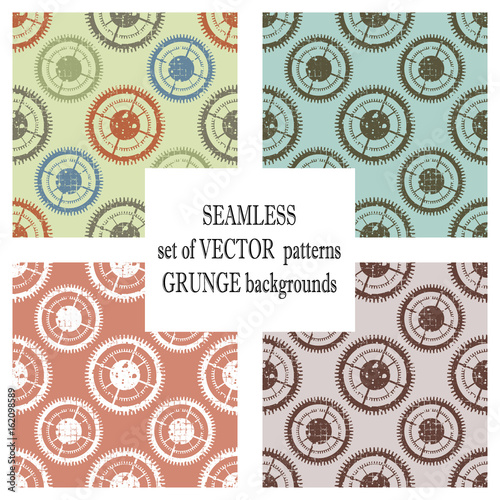 Set of vector seamless patterns with mechanism of watch. Creative geometric grunge backgrounds with gear wheel. Texture with cracks, ambrosia, scratches, attrition. Graphic illustration.