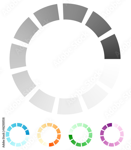Progress, process indicator with 4 step. Progress bar, preloader (buffer) symbol. Gray plus 4 color circular loading symbol for presentations, infographics or interfaces