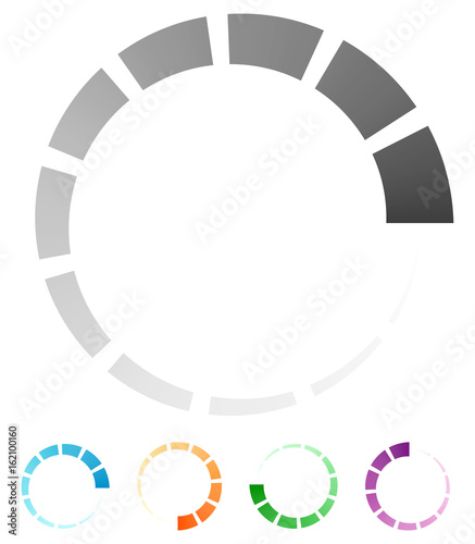 Progress, process indicator with 4 step. Progress bar, preloader (buffer) symbol. Gray plus 4 color circular loading symbol for presentations, infographics or interfaces